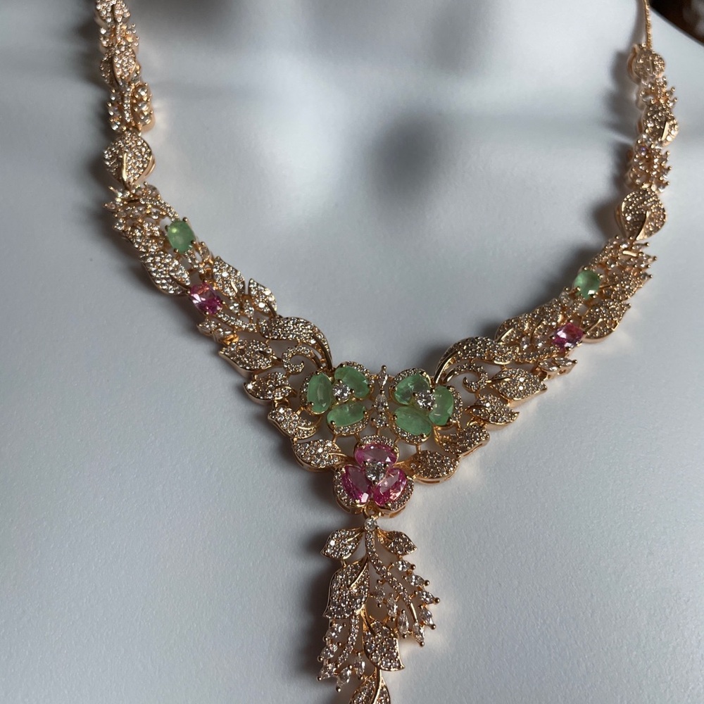 Gold Floral Multi-Gem Necklace with Green and Pink Accents